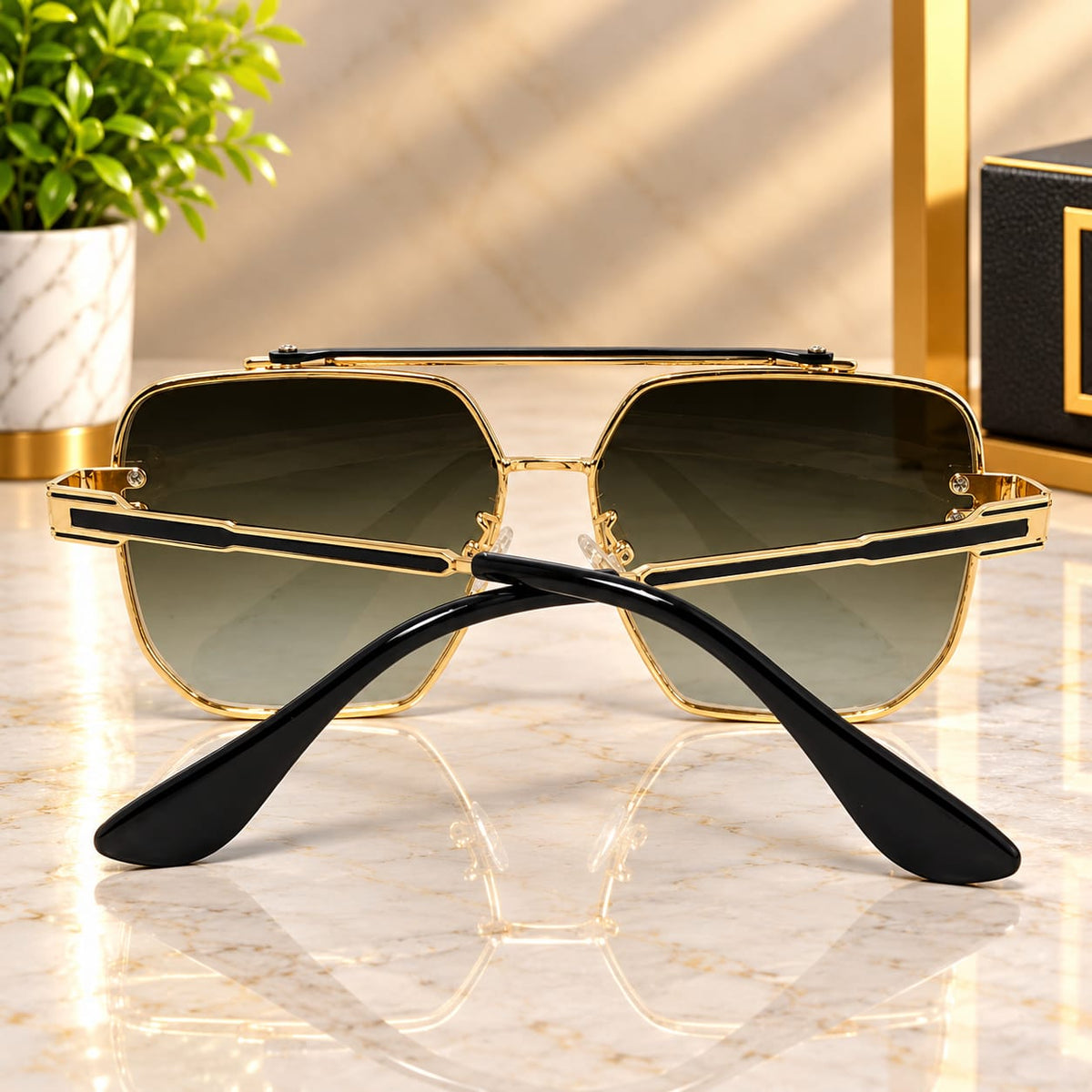 Imperial Edge Rimless Sunglasses – Brown & Black with Antique Golden Frame