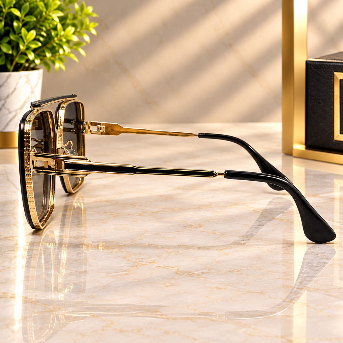 Imperial Edge Rimless Sunglasses – Brown & Black with Antique Golden Frame